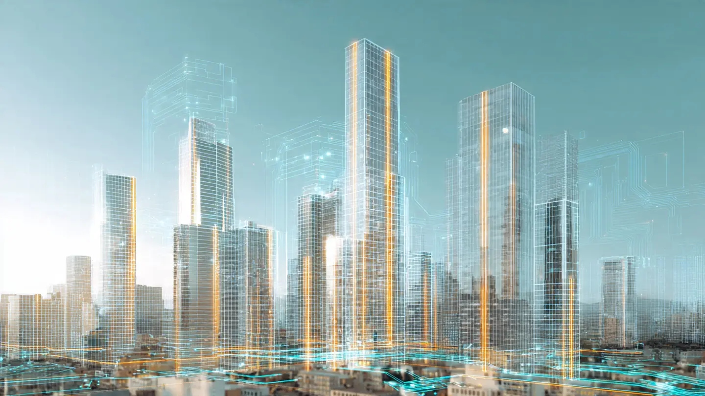 Modern city skyline with subtle digital circuitry overlays.