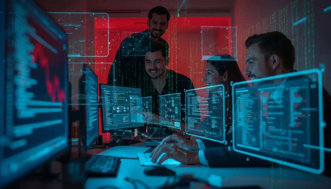 Software team collaborating in a neon-lit environment with code overlays.