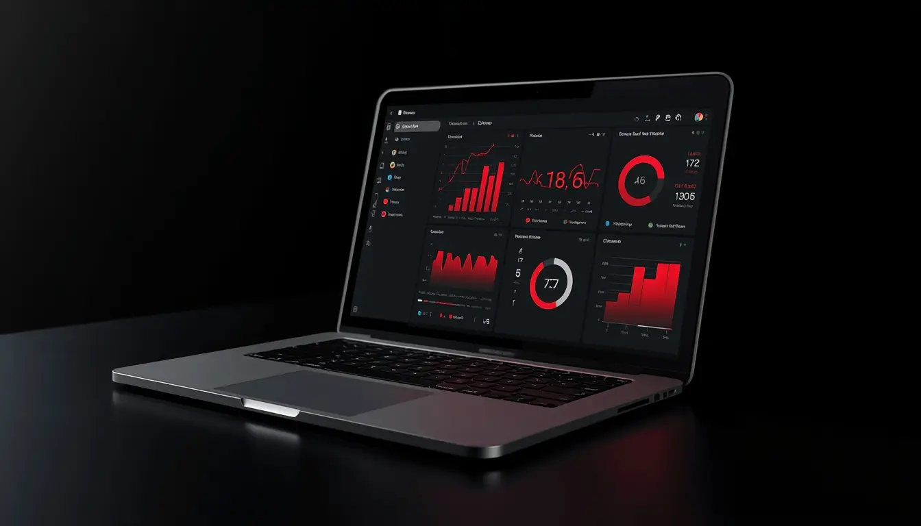Laptop showing a dark analytics dashboard interface with red charts.