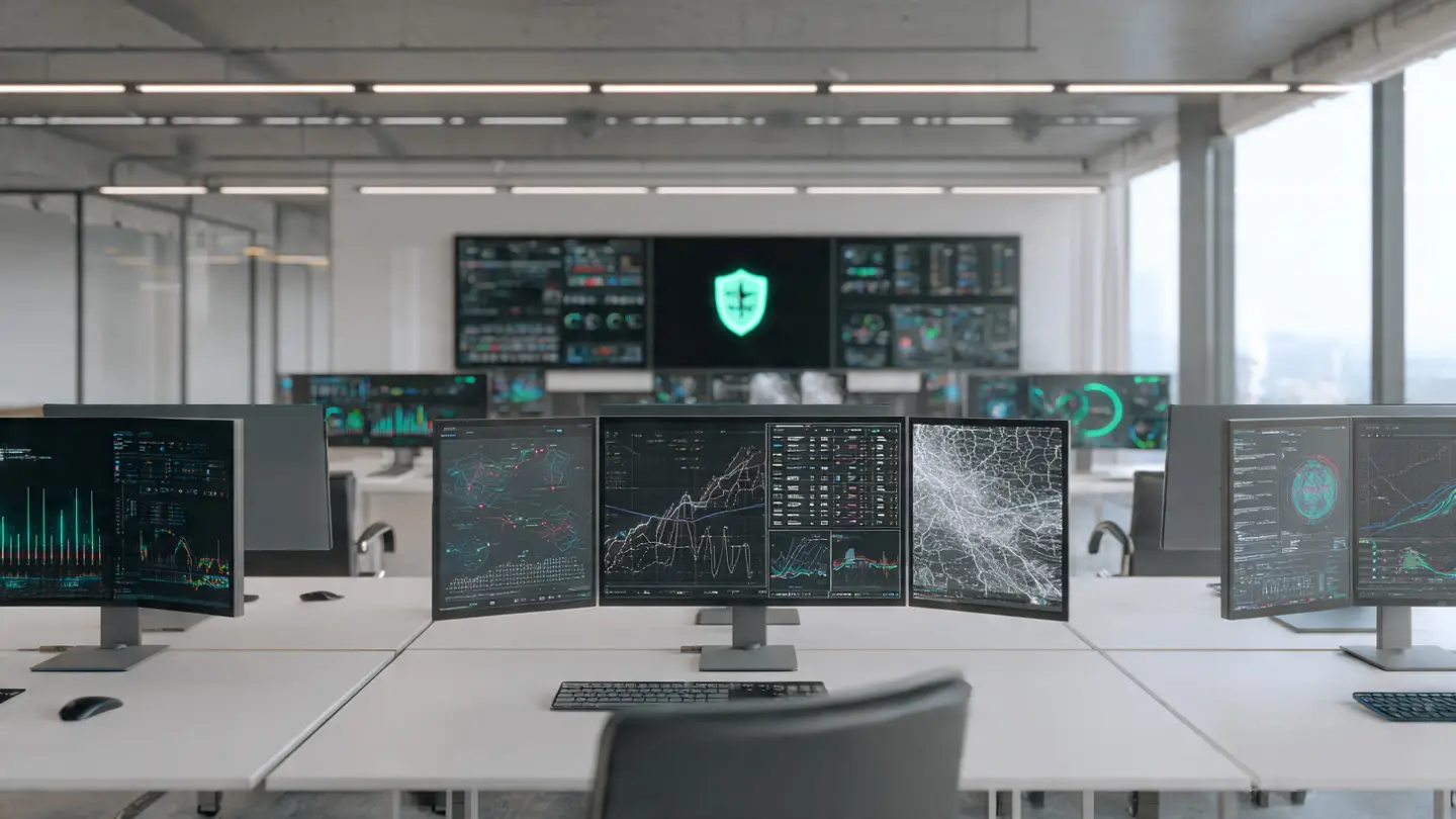 Dark operations center with advanced cybersecurity dashboard monitors.