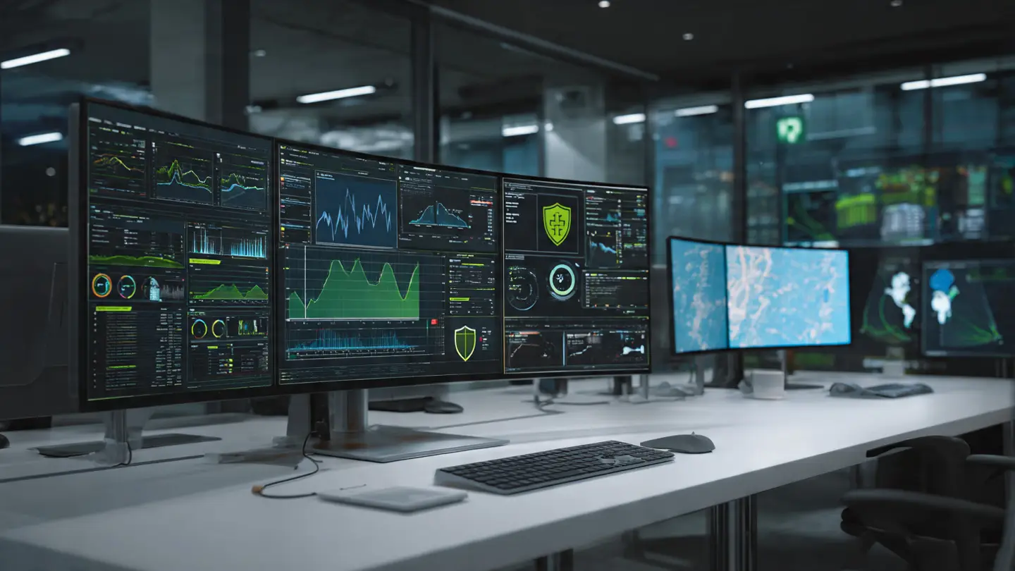 Security operations workspace with analytics dashboards on multiple displays.